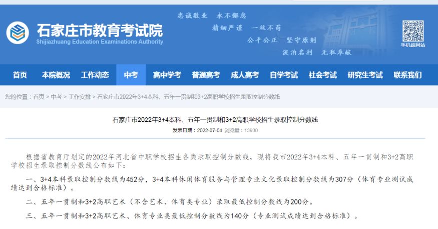 石家庄市2022年3+4本科、五年一贯制和3+2高职学校招生录取控制分数线